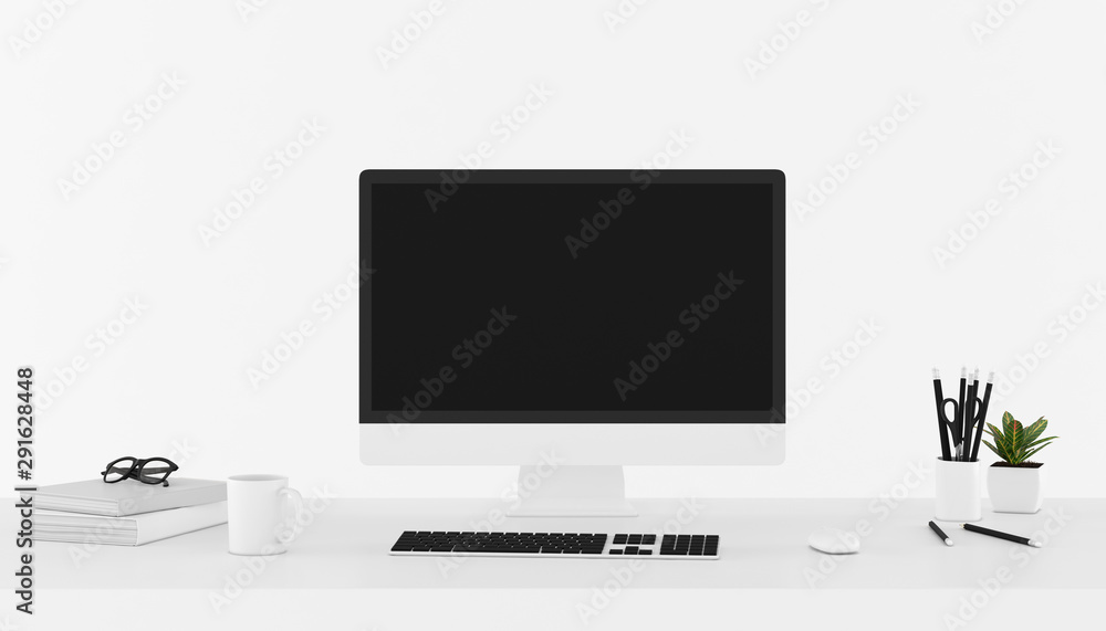 Mock up of workplace with accessories,business text space on white background,Notebook,keyboard,cup of black coffee,pencils and computer.3D rendering. Mock up of workplace with accessories,business text space on white background,Notebook,keyboard,cup of black coffee,pencils and computer.3D rendering.