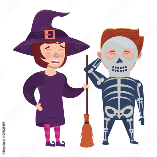 couple with halloween skull and witch costumes
