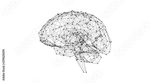 Low poly human brain illustration glowing on white BG