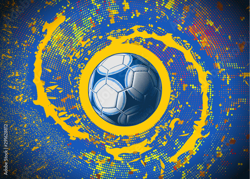 Engraving soccer ball spinning on colorful digital graphic BG