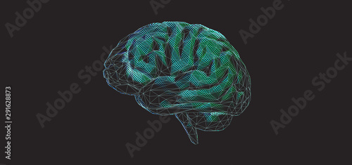 Green polygonal brain graphic design on dark BG