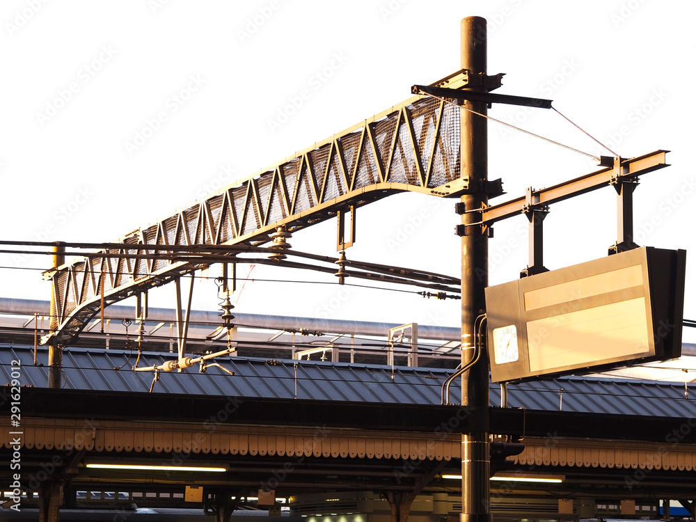 Steel structure and blank light box timetable information at train platform Steel structure and blank light box timetable information at train platform