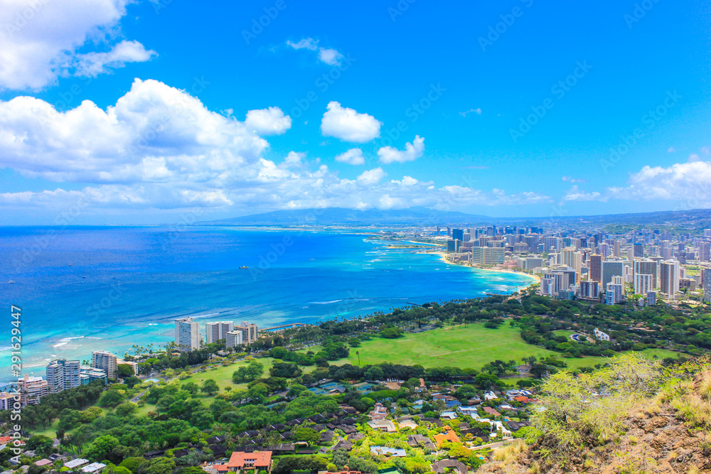Beautiful view of Honolulu and Waikiki Beach, Hawaii from Diamond Head