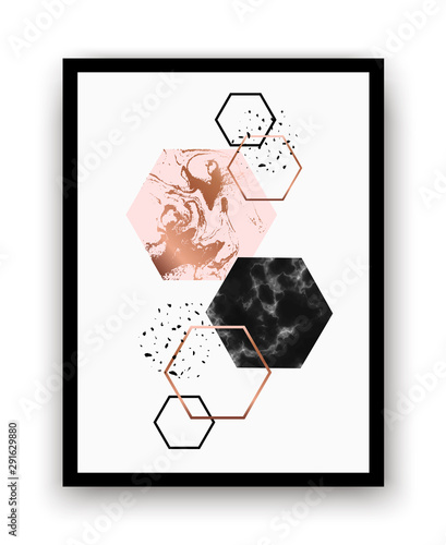 Modern background with marble, copper hexagons, geometric shapes.
