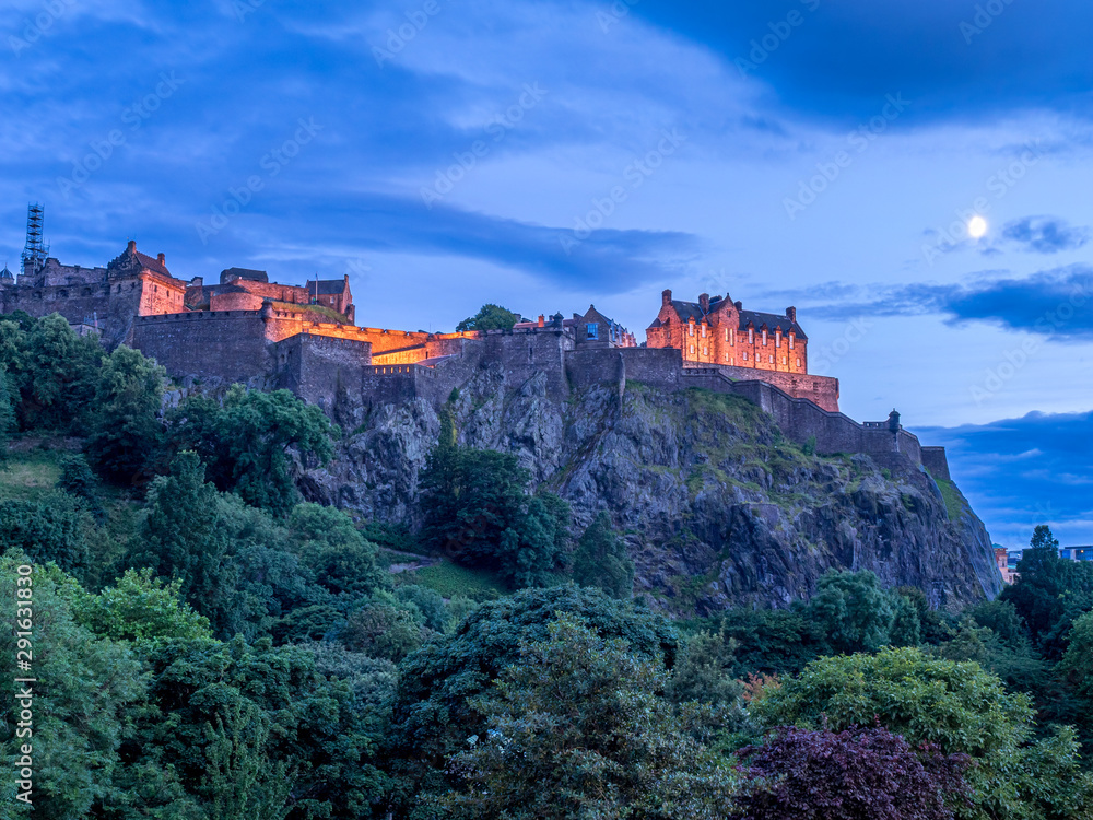 View of Edinburgh Castle at night from Princes Street.