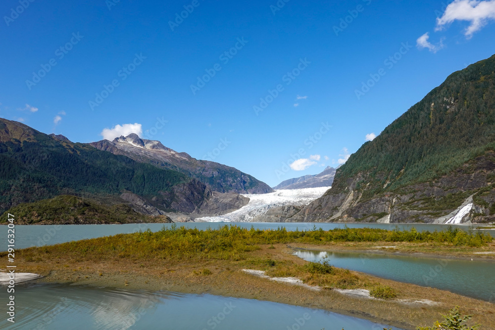 A view of Mendenhall Glacier in the Tongass National Forrest in Juneau, Alaska.