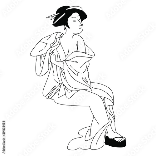 Sitting undressing Japanese lady in kimono. Black and white silhouette. Traditional ethnic style.
