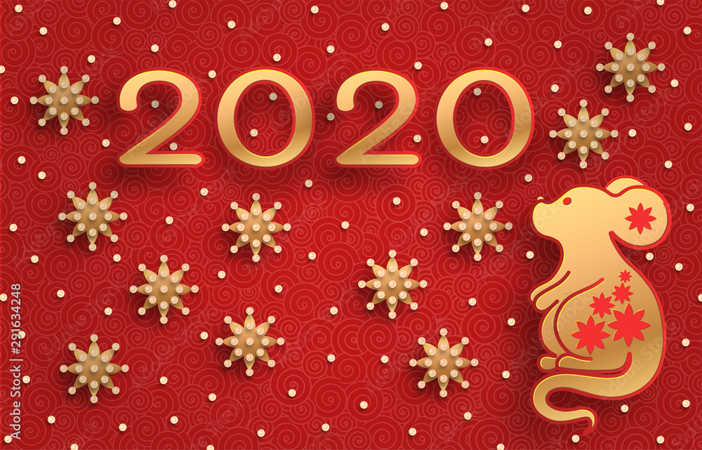 Golden mouse on a textured red background. Template on the theme of the Chinese horoscope. Eastern calendar. Year of the mouse. Free space. Greeting card. Golden mouse on a textured red background. Template on the theme of the Chinese horoscope. Eastern calendar. Year of the mouse. Free space. Greeting card.