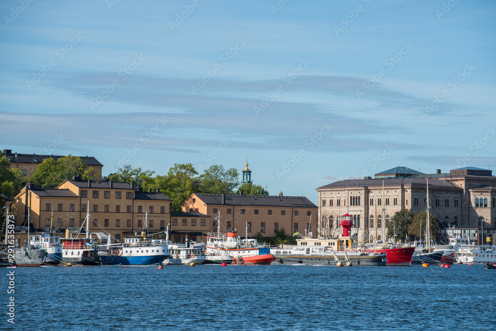 Morning autumn view over islands, boats and piers in Stockholm