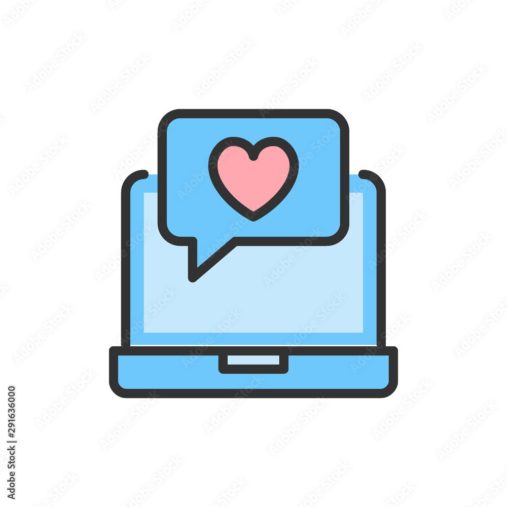 Vector laptop with heart bubble, love chat, positive feedback color line icon. Vector laptop with heart bubble, love chat, positive feedback color line icon.