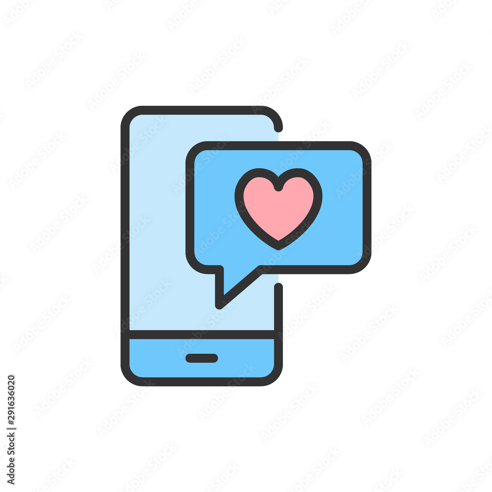 Vector phone with heart bubble, love chat, like message flat color line icon. Vector phone with heart bubble, love chat, like message flat color line icon.