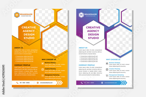 geometric hexagon flyer with hexagon layout space for photo collage. gradient orange and blue colors. 