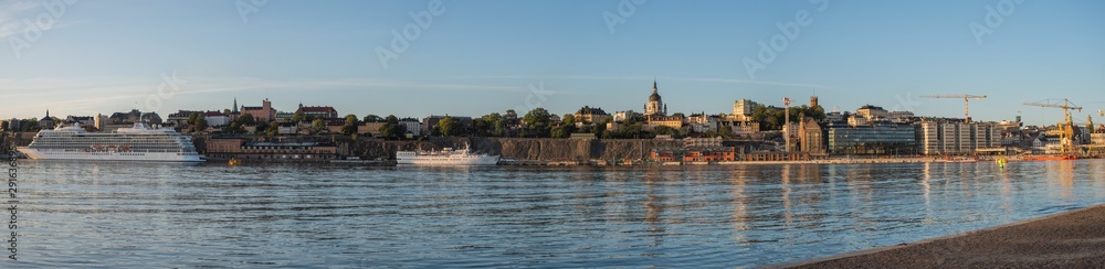 Morning autumn view over islands, boats and piers in Stockholm