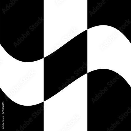 Oscillation, ripple, squeeze warp. Curve, camber element. Wavy, waving distortion on checkered, chequered, chess board pattern. Billowy, undulating deformation on squares, chess background