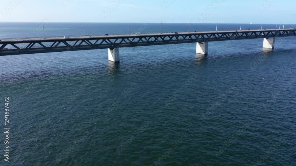 Side dolly along long bridge, connecting countries, Sweden to Denmark, Panoramic aerial Side dolly along long bridge, connecting countries, Sweden to Denmark, Panoramic aerial