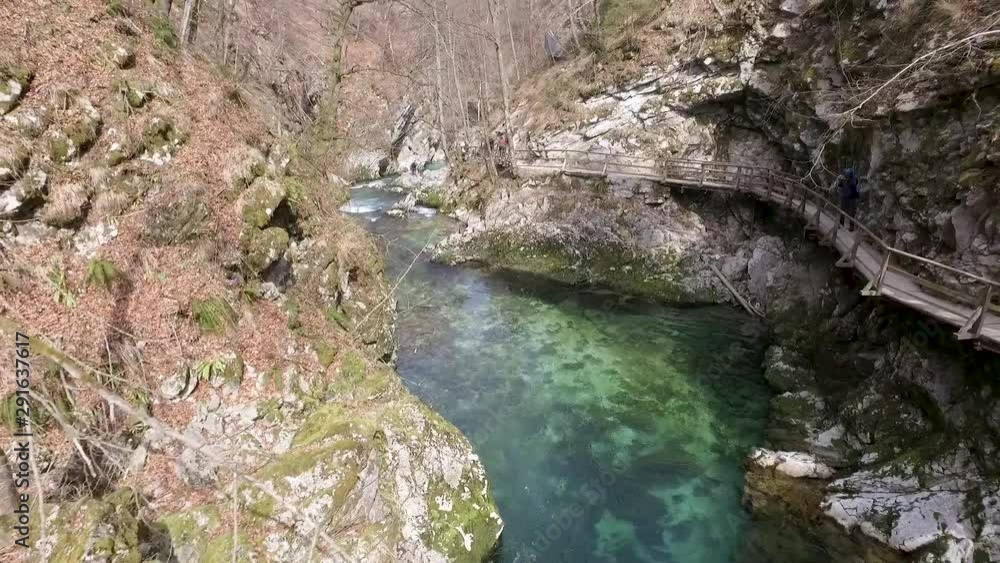 Aerial - Flying low above Soteska Vintgar. Gorge, Slovenia Aerial - Flying low above Soteska Vintgar. Gorge, Slovenia