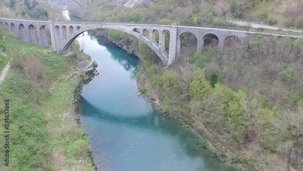 Aerial view of Solkan bridge above Isonzo (Soca) river. Slovenia Aerial view of Solkan bridge above Isonzo (Soca) river. Slovenia