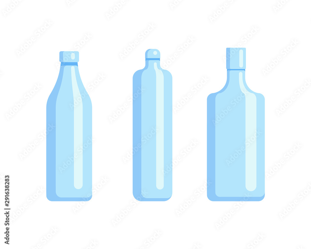 Plastic bottle set design flat oil and beverage. Set containers of different capacities large small tare. Plastic bottle set design flat oil and beverage. Set containers of different capacities large small tare.