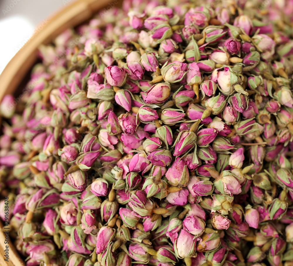 Dried flowers for tea on the counter in the market Dried flowers for tea on the counter in the market