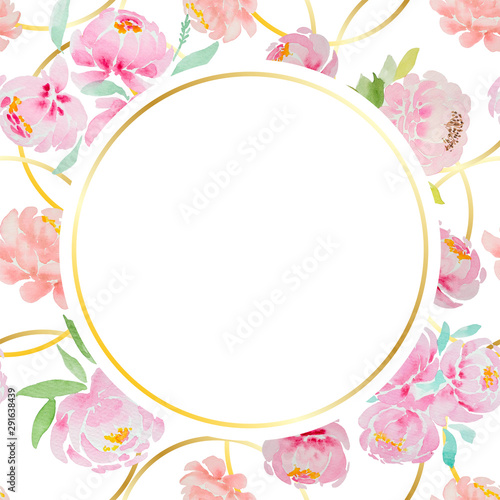 A beautiful blank for a card with careless watercolor pink peonies and roses, with a gold frame and a white background. For a wedding, a birthday. Delicate pastel colors for design.