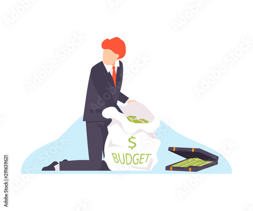 Vector illustration of corrupt politician taking money from the budget photo