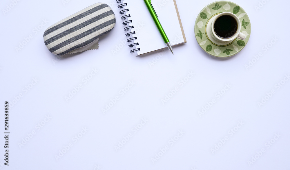 White office desk table, top view or flat lay White office desk table, top view or flat lay