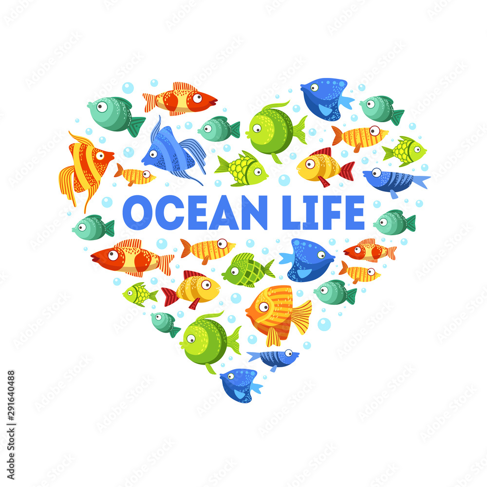 Ocean Life Banner Template with Cute Colorful Fishes of Heart Shape Vector Illustration