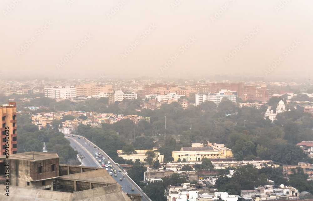 Aerial view of high air pollution in Delhi, India.