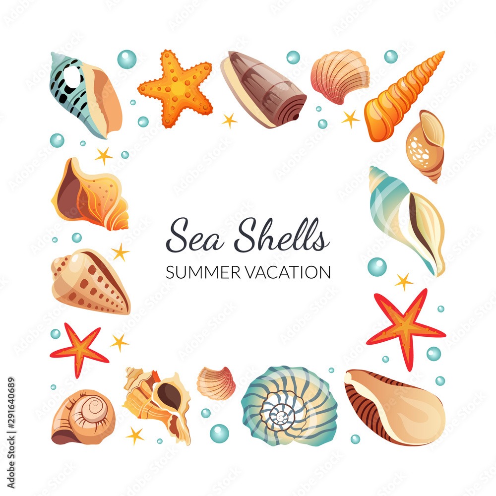 Sea Shells Square Frame, Seashells Border Template with Space for Text, Summertime Banner Sea Shells Square Frame, Seashells Border Template with Space for Text, Summertime Banner