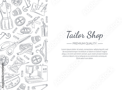 Tailor Shop Banner Template with Hand Drawn Sewing Accessories and Space for Text, Tailor Shop, Workshop Element Vector Illustration