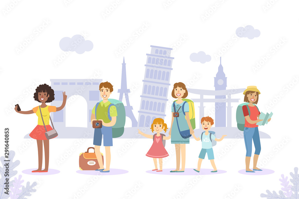 Traveling People Set, Tourists with Luggage Sightseeing and Making Photo Vector Illustration