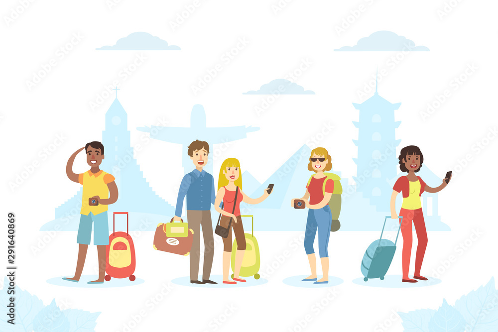Traveling People Set, Tourists with Luggage Sightseeing and Making Photo on Summer Vacation Vector Illustration
