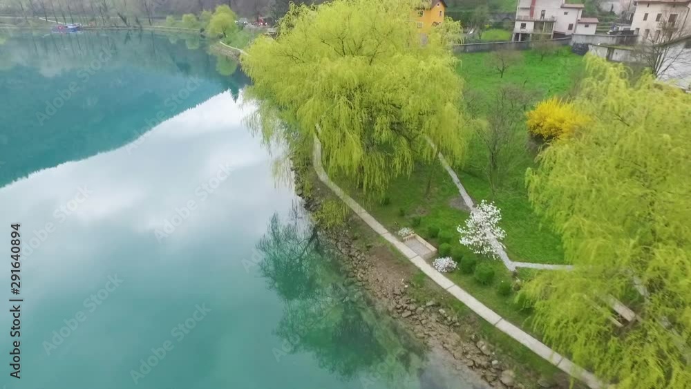 Aerial view of Soca river near the wellhead - National park Triglav in Slovenia Aerial view of Soca river near the wellhead - National park Triglav in Slovenia