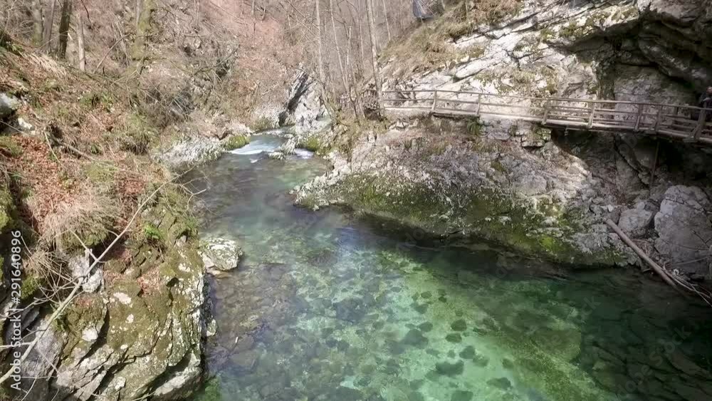 Aerial - Flying low above Soteska Vintgar. Gorge, Slovenia Aerial - Flying low above Soteska Vintgar. Gorge, Slovenia