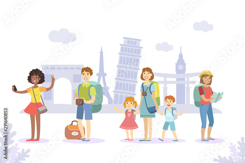 Traveling People Set  Tourists with Luggage Sightseeing and Making Photo Vector Illustration