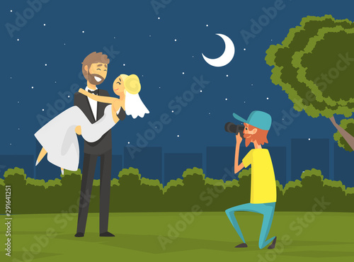 Wedding Photo Session of Newlyweds, Happy Just Married Couple Standing Together and Posing for Photographer at Night Under the Stars Vector Illustration