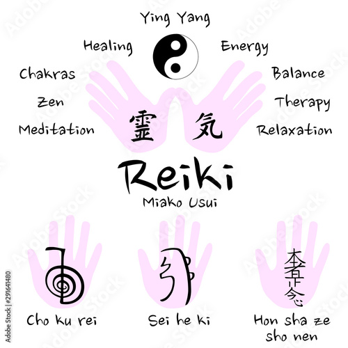 Reiki symbols vector icon set (cho ku rei, sei he ki, hon sha ze sho nen) - flat design