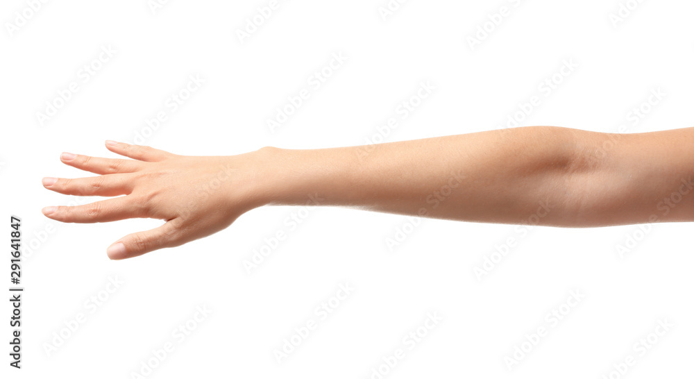 Young woman holding her hand on white background, closeup