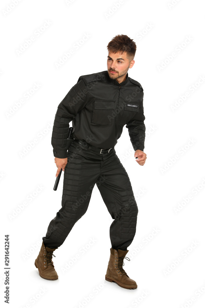 Male security guard in uniform on white background Male security guard in uniform on white background