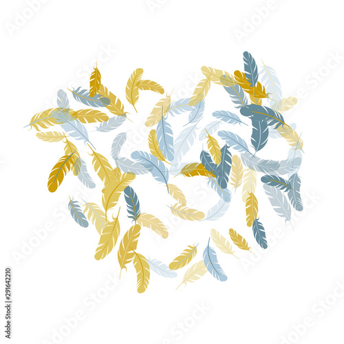 Fluffy twirled feathers on white design.