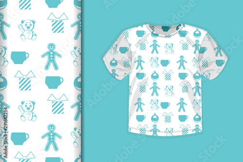 White t-shirt with a blue pattern and white-blue seamless background, concept for design of fabric and print paper, vector illustration