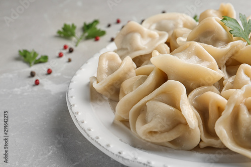 Tasty dumplings with parsley on plate, closeup view