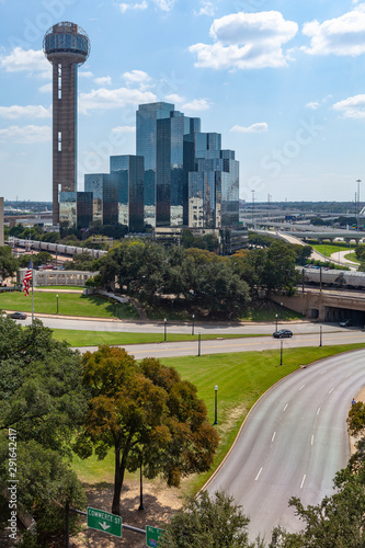 Reunion tower at Dallas with blue sky. Dallas Texas.
