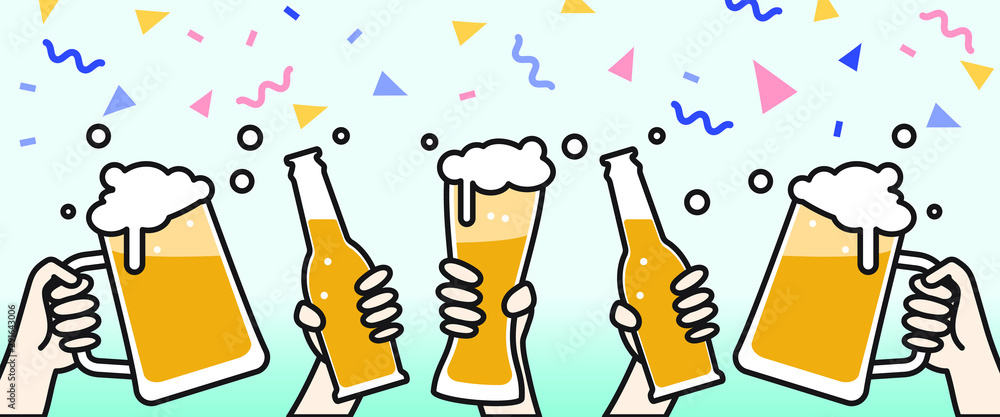 Beer party concept in horizonal outline cartoon, people holding beer