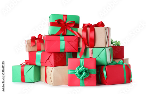 Different Christmas gift boxes on white background photo