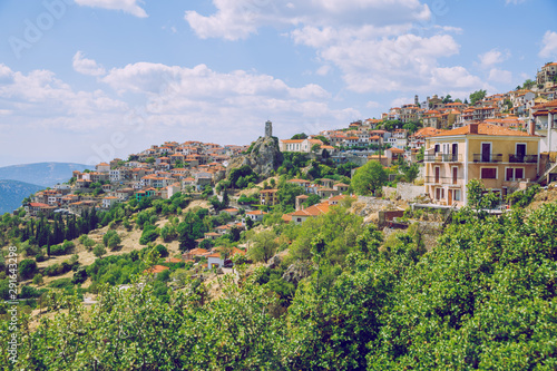 Fototapeta Naklejka Na Ścianę i Meble -  City Arachova. Greek Republic. City streets and mountain views. Old buildings. 13. Sep. 2019.