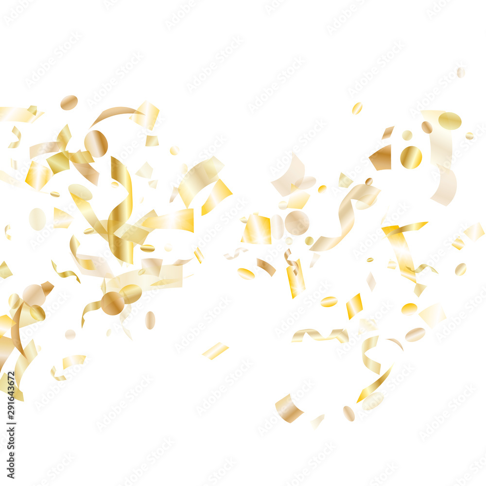 Fototapeta premium Holiday realistic gold confetti flying on black background.