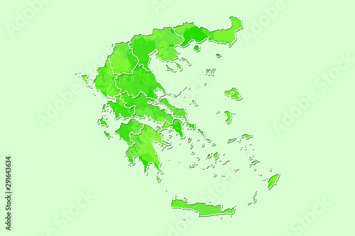 Greece watercolor map vector illustration of green color with border lines of different regions or provinces on light background using paint brush in page
