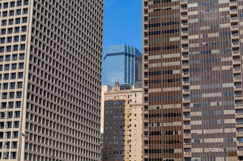 Highrise buildings at Dallas with blue sky. Downtown of Dallas in Texas, US.