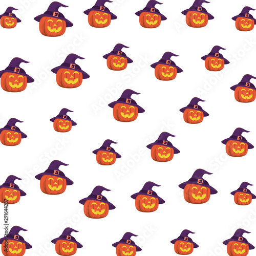 halloween pumpkins with faces and witch hats pattern